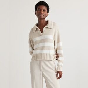 Quince 100% Organic Cropped Cotton Polo Sweater Small Striped Oversized Beige